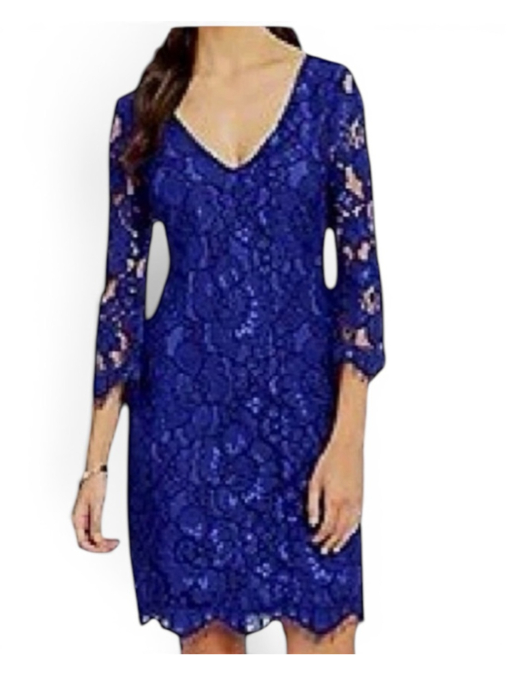Women's Belle Badgley Mischka Blue Lace Long Sleeve Dress Size 4